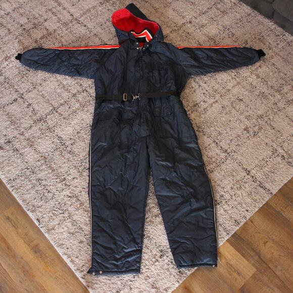 Western Field Snowsuit Mens XL Navy Red Insulated Hood Belt Zip Legs Snowmobile - Picture 1 of 14
